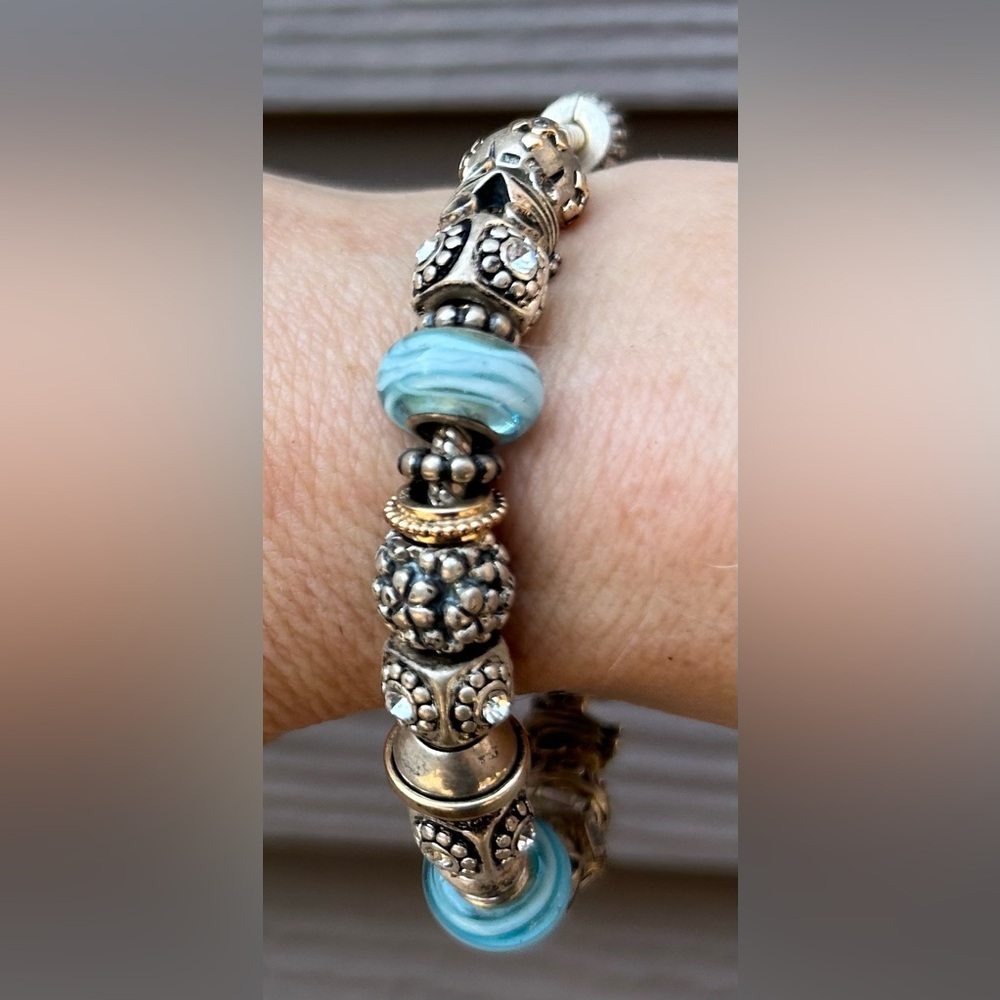 Pandora Sterling Bracelet with Light Blue Murano Beads - Picture 2 of 5